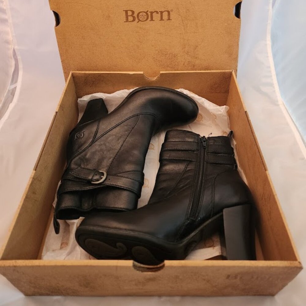 Born Chyler Black Heeled Ankle Boots Leather Size 6.5 M NEW IN BOX